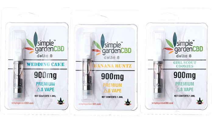 Front packaging of the Wedding Cake, Banana Runtz and Girl Scout Cookies flavors of Delta 8 THC vape carts sold by Simple Garden CBD