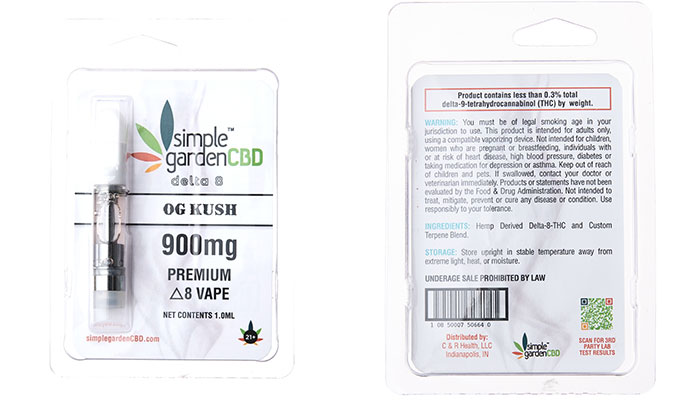 Front and back packaging of Simple Garden CBD's Delta 8 THC vaporizer cartridges.