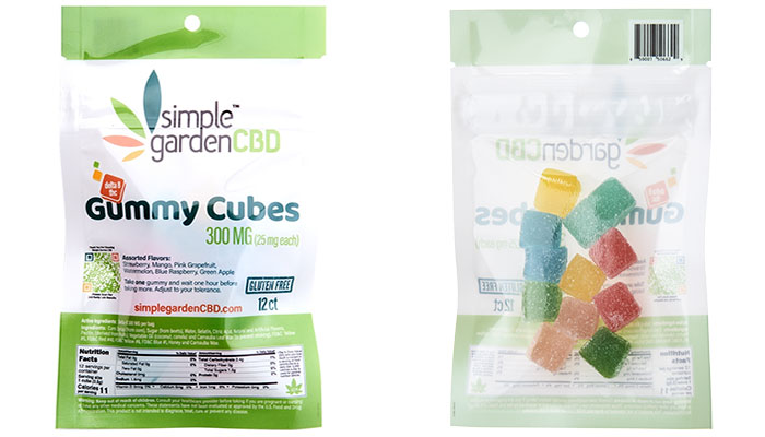 Front and back packaging of Simple Garden CBD's Delta 8 gummies sold online and in store.
