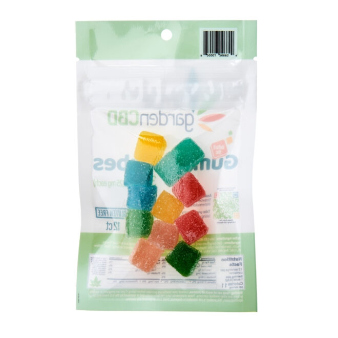 Back of the packaging for Simple Garden CBD's Delta-8 THC gummy cubes sold online and in store.