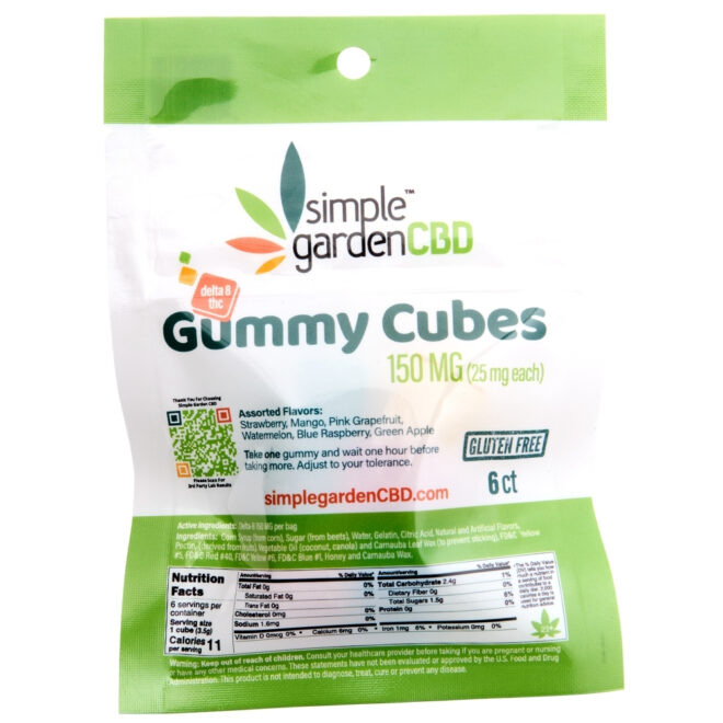 Front of the packaging for the 6 count Delta-8 THC gummy cubes sold online and in store by Simple Garden CBD