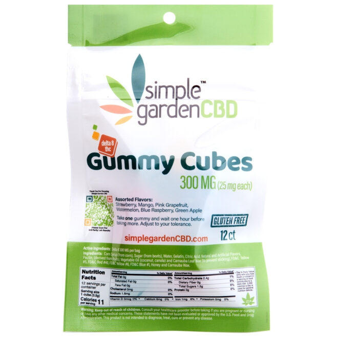 Front of the packaging for the 12 count Delta-8 THC gummy cubes sold online and in store by Simple Garden CBD