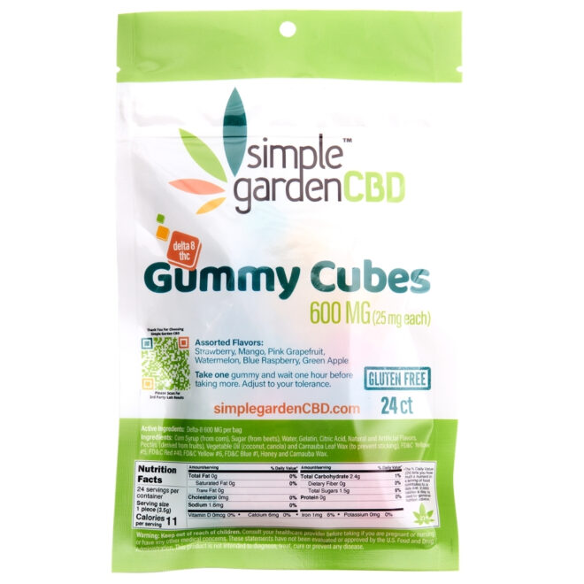 Front of the packaging for the 24 count Delta-8 THC gummy cubes sold online and in store by Simple Garden CBD