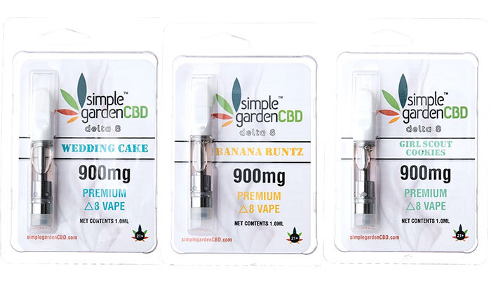 Front packaging of 3 Delta 8 THC vape carts near Bentonville, Indiana sold by Simple Garden CBD