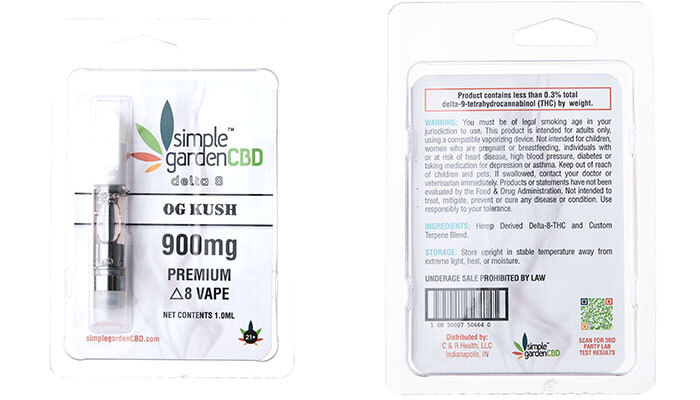 delta-8-cartridges-pittsboro-indiana-buy-thc-vape-pens-carts-46167 Front and back packaging of a Delta 8 cartridge near Pittsboro, Indiana offered by Simple Garden CBD