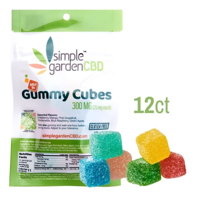 Front packaging and close up view of Delta 8 THC gummies sold online and in store by Simple Garden CBD.