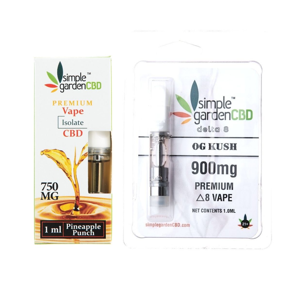 Front packaging of Isolate CBD and Delta 8 THC vape carts sold by Simple Garden CBD.