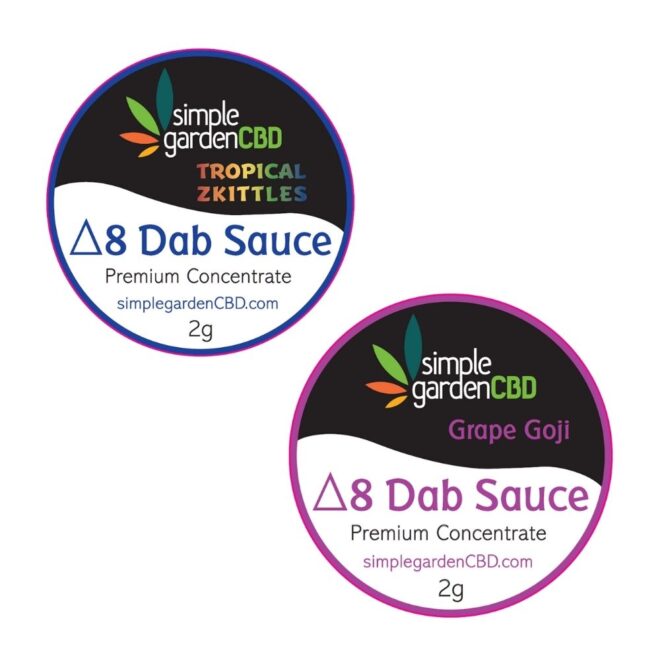 Front packaging of 2 Delta 8 THC dab sauce concentrates sold by Simple Garden CBD.