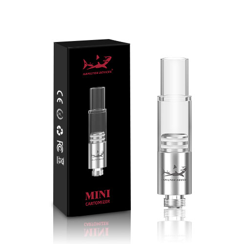 Packaging and front view of Hamilton Devices Mini Cartomizer sold by Simple Garden CBD.