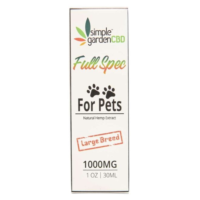 Packaging for 1000mg Full Spectrum Tincture for Pets from Simple Garden CBD.