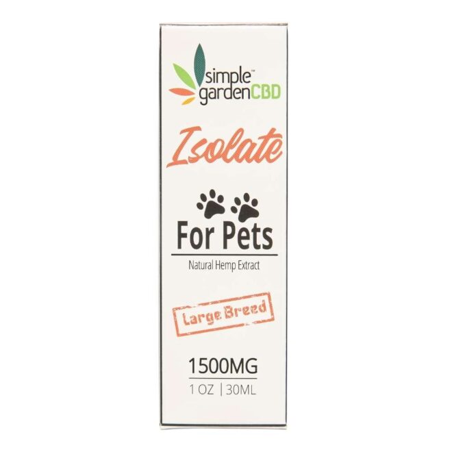 Packaging for 1500mg CBD Isolate Tincture for Pets from Simple Garden CBD.