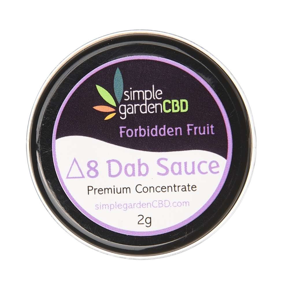 Front packaging of Forbidden Fruit flavor Delta 8 THC concentrate dab sauce from Simple Garden CBD.