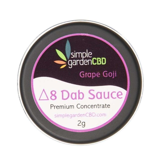 Front packaging of Grape Goji flavor Delta 8 THC concentrate dab sauce from Simple Garden CBD.