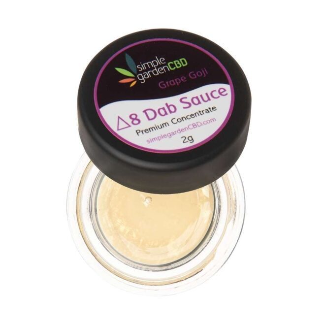Open jar of Grape Goji flavor Delta 8 THC dab sauce concentrate from Simple Garden CBD.