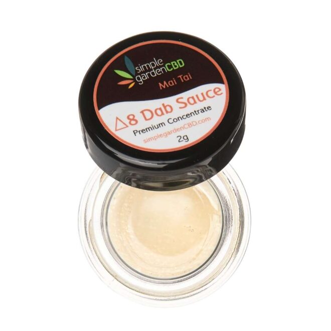 Open jar of Mai Tai flavor Delta 8 THC dab sauce concentrate from Simple Garden CBD.