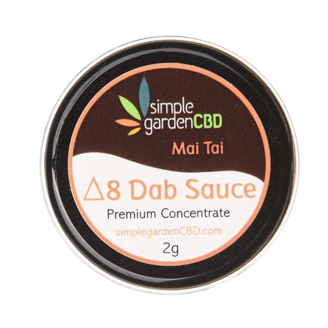 Front packaging of Mai Tai flavor Delta 8 THC concentrate dab sauce from Simple Garden CBD.