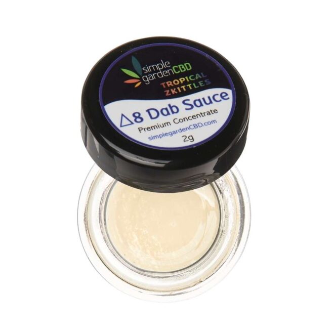 Open jar of Tropical Zkittles flavor Delta 8 THC dab sauce concentrate from Simple Garden CBD.