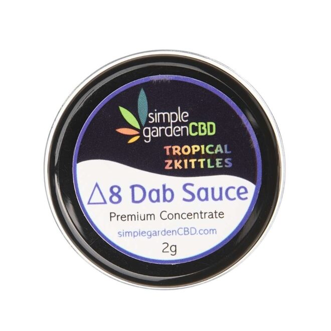 Front packaging of Tropical Zkittles flavor Delta 8 THC concentrate dab sauce from Simple Garden CBD.