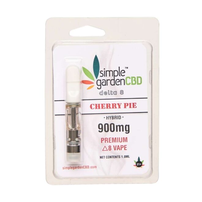 Front packaging of Cherry Pie flavor 900mg Premium Delta 8 THC Vape Cartridge from Simple Garden CBD.