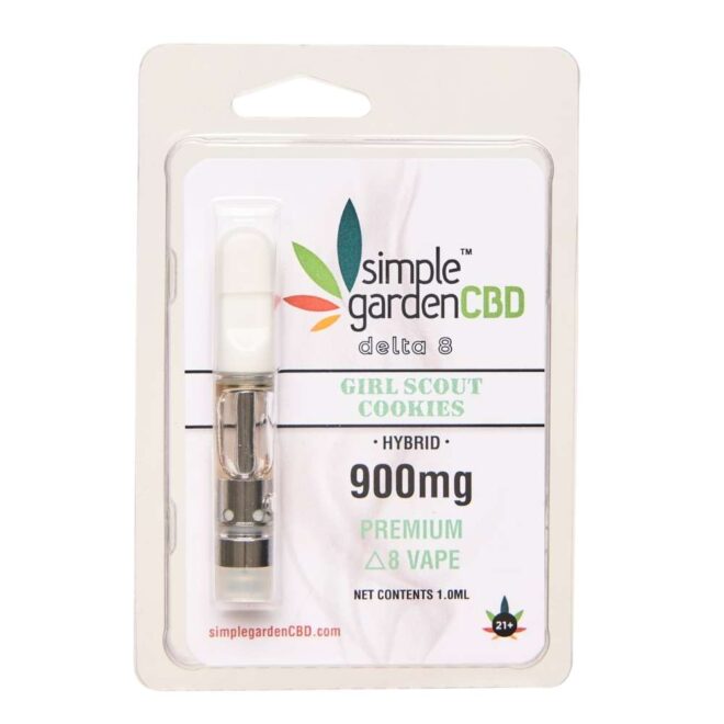 Front packaging of Girl Scout Cookies flavor 900mg Premium Delta 8 THC Vape Cartridge from Simple Garden CBD.