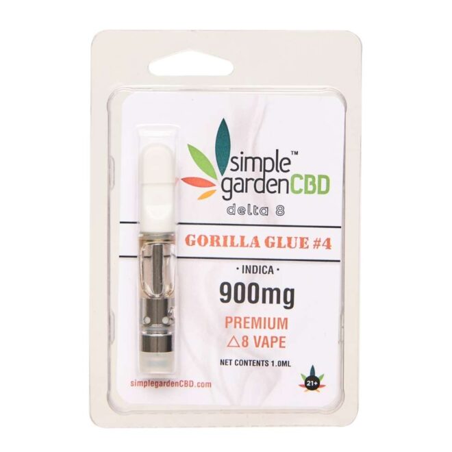 Front packaging of Gorilla Glue #4 flavor 900mg Premium Delta 8 THC Vape Cartridge from Simple Garden CBD.