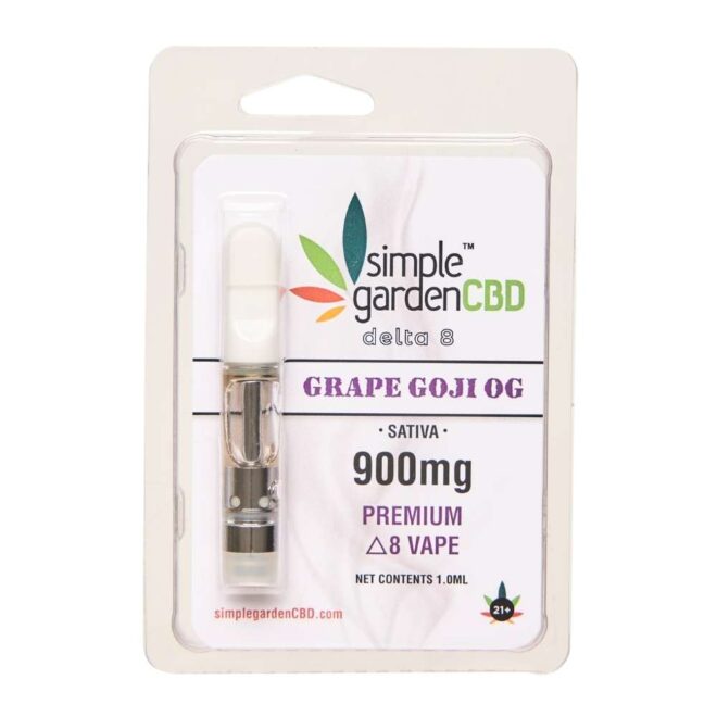 Front packaging of Grape Goji OG flavor 900mg Premium Delta 8 THC Vape Cartridge from Simple Garden CBD.
