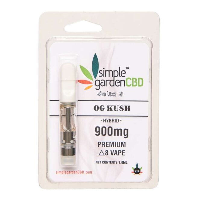 Front packaging of OG Kush flavor 900mg Premium Delta 8 THC Vape Cartridge from Simple Garden CBD.