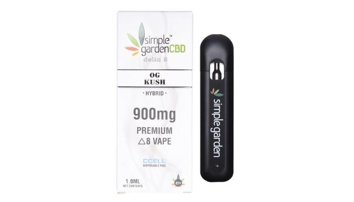 Front packaging of OG Kush flavor Delta 8 THC disposable vape sold by Simple Garden CBD.