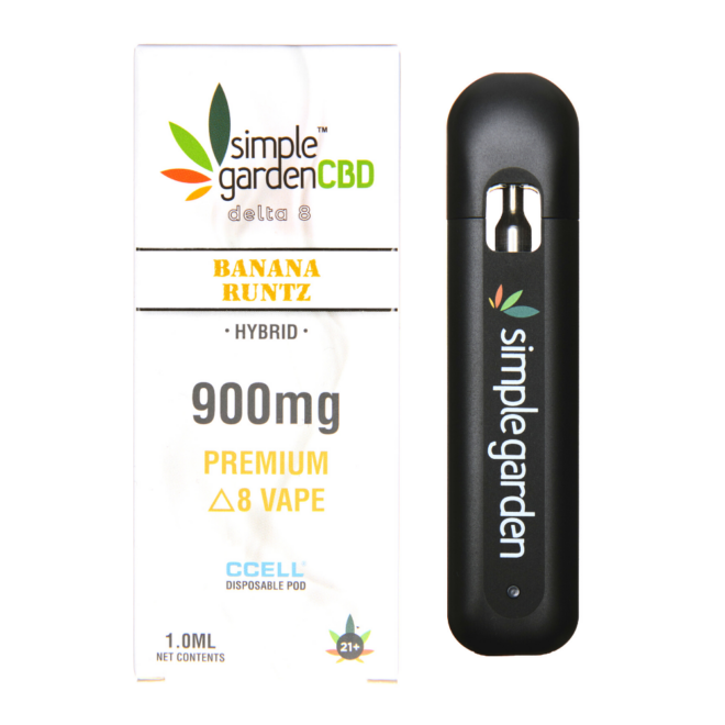 Front packaging of Banana Runtz flavor Delta 8 THC disposable vape sold by Simple Garden CBD.