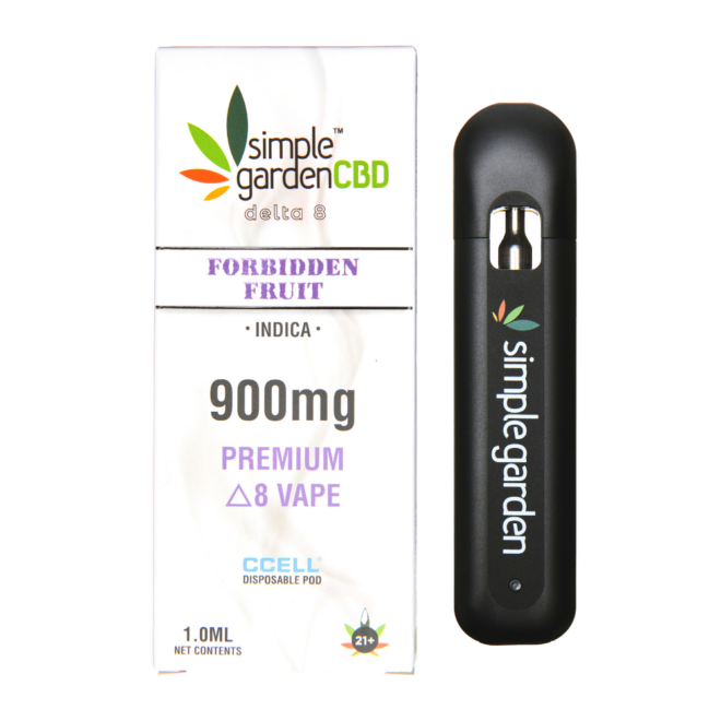 Front packaging of Forbidden Fruit flavor Delta 8 THC disposable vape sold by Simple Garden CBD.