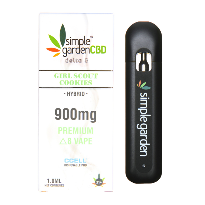 Front packaging of Girl Scout Cookies flavor Delta 8 THC disposable vape sold by Simple Garden CBD.