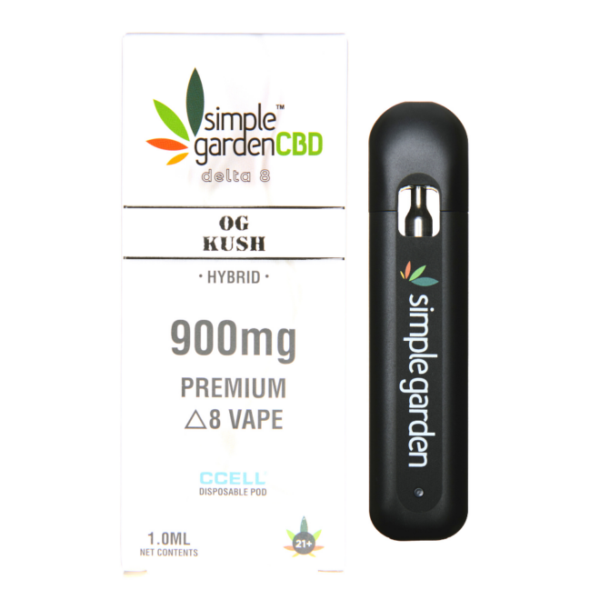 Front packaging of OG Kush flavor Delta 8 THC disposable vape sold by Simple Garden CBD.