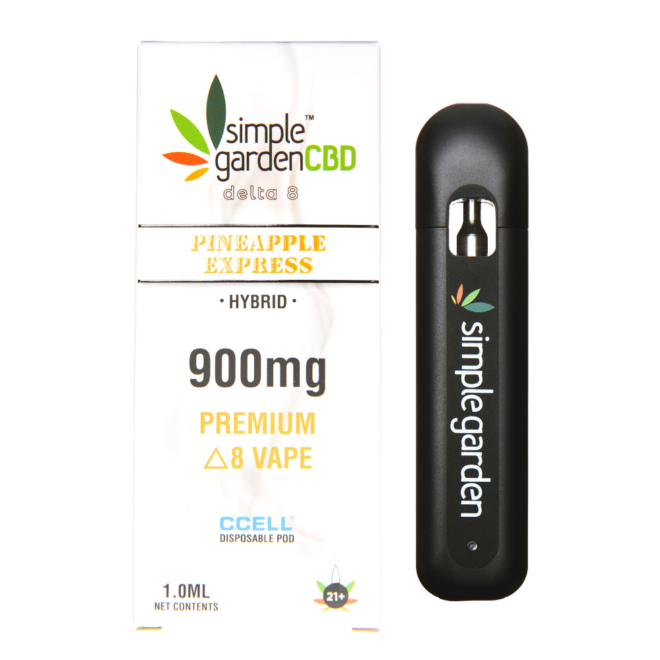 Front packaging of Pineapple Express flavor Delta 8 THC disposable vape sold by Simple Garden CBD.