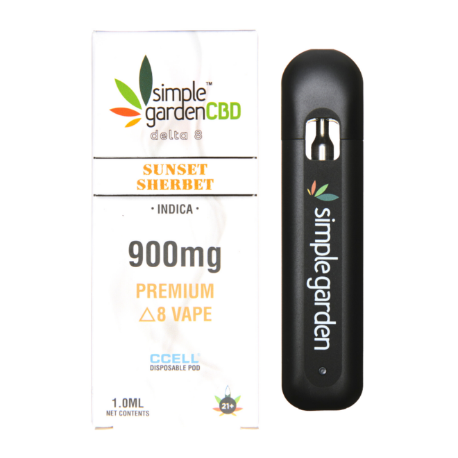 Front packaging of Sunset Sherbet flavor Delta 8 THC disposable vape sold by Simple Garden CBD.
