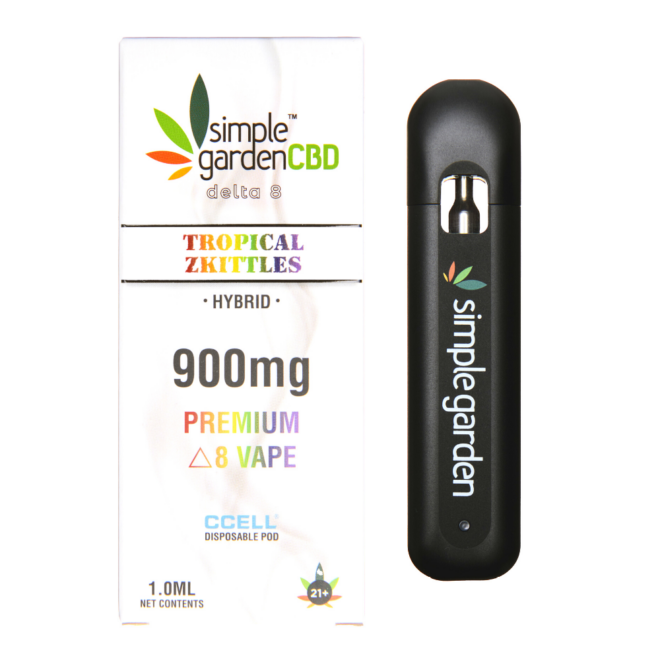 Front packaging of Tropical Zkittles flavor Delta 8 THC disposable vape sold by Simple Garden CBD.