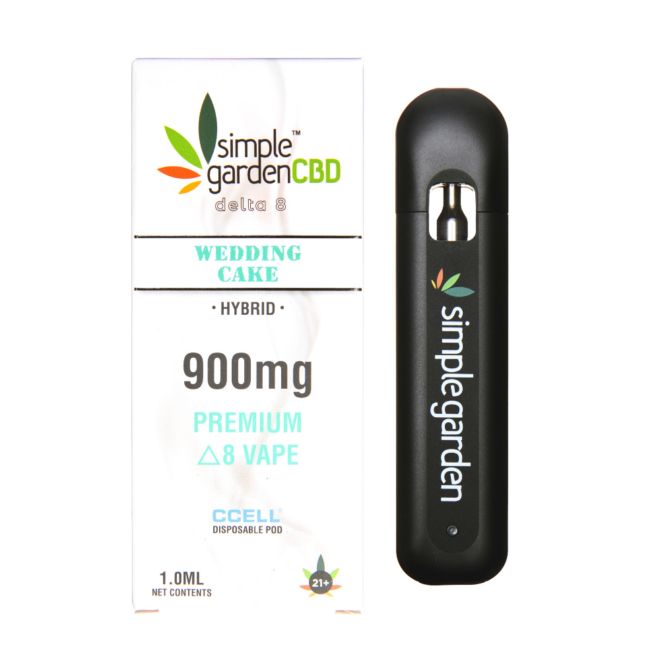 Front packaging of Wedding Cake flavor Delta 8 THC disposable vape sold by Simple Garden CBD.