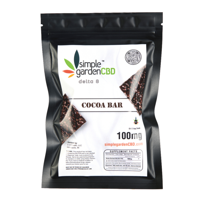 Front packaging of Delta 8 Cocoa Bar edible treat sold online and in store by Simple Garden CBD.