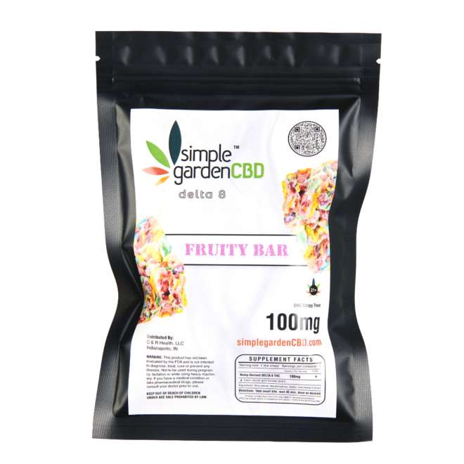 Front packaging of Delta 8 Fruity Bar edible treat sold online and in store by Simple Garden CBD.