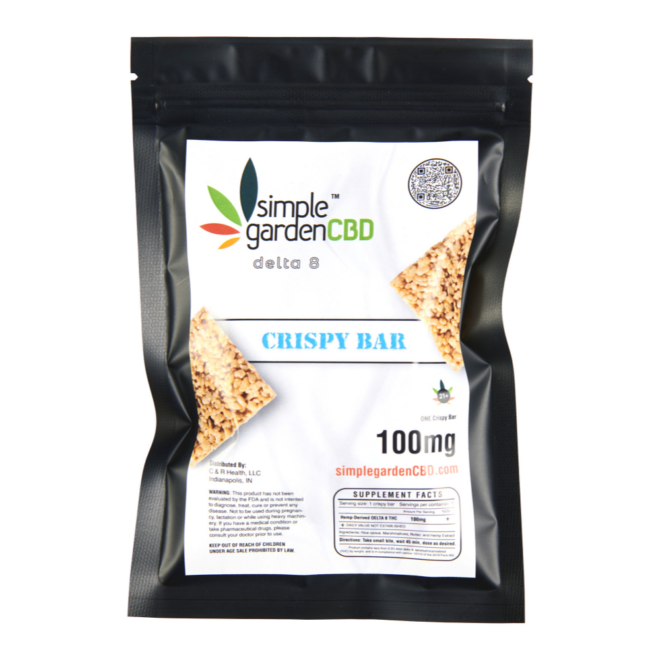 Front packaging of Delta 8 Crispy Bar edible treat sold online and in store by Simple Garden CBD.