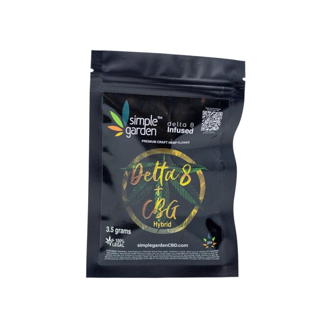 Front package of 3.5 grams Delta 8 CBG Flower sold online by Simple Garden.