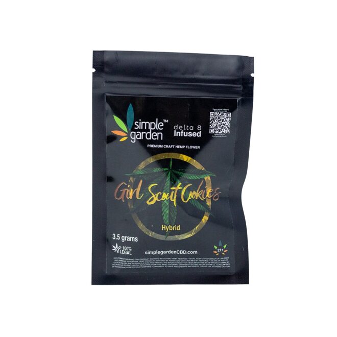 Front package of 3.5 grams Delta 8 THC Flower Girl Scout Cookies sold online by Simple Garden.
