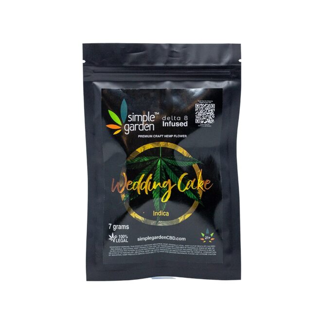 Front package of 7 grams Delta 8 THC Flower Wedding Cake sold online by Simple Garden.