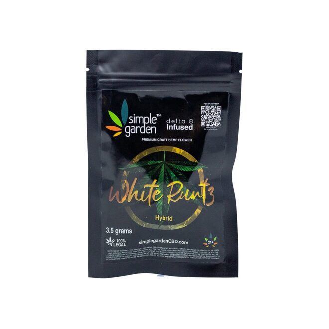 Front package of 3.5 grams Delta 8 THC Flower White Runtz sold online by Simple Garden.