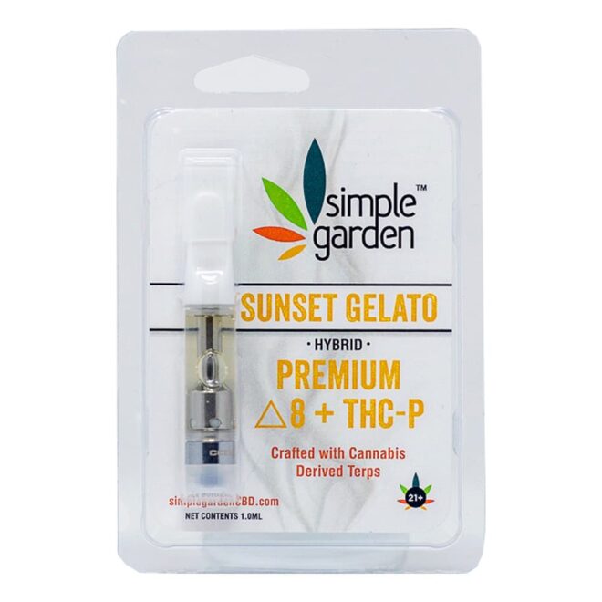 Delta 8 + THCP vape cartridge in Sunset Gelato flavor sold online from Simple Garden.