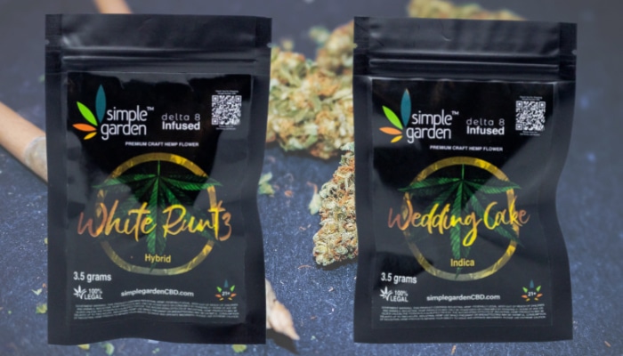 Front packaging of two bags of Huntsville Delta 8 THC Flower ordered online from Simple Garden.