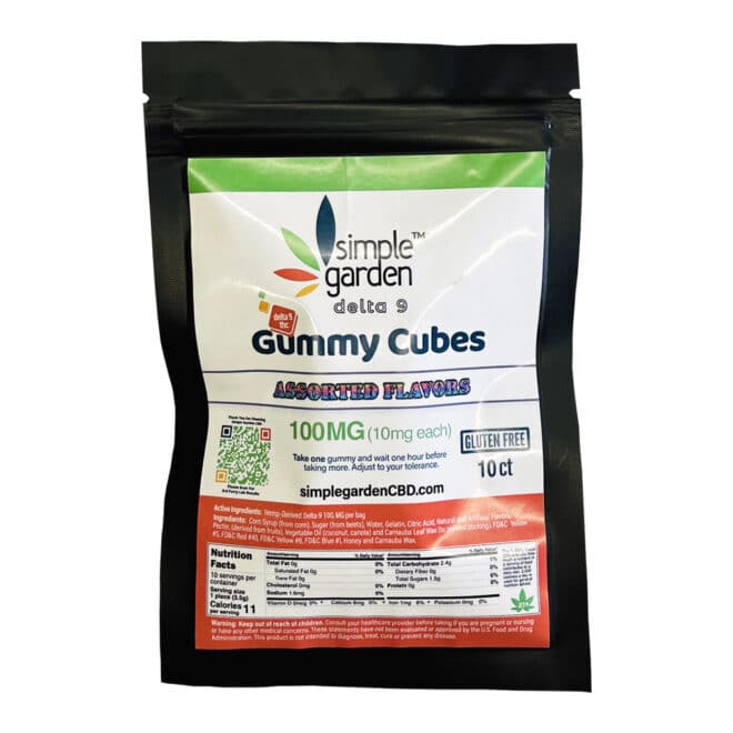 Front packaging of 10-Pack 100MG Delta 9 Gummies sold online by Simple Garden.