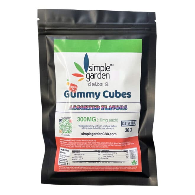 Front packaging of 30-Pack 300MG Delta 9 Gummies sold online by Simple Garden.