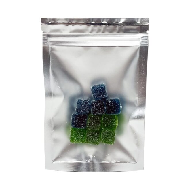 Back packaging of 100mg Delta 8 Gummies available to order online from Simple Garden.