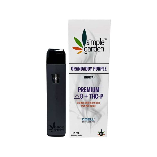 2ml Grandaddy Purple Delta 8 + THC-P disposable vape sold online by Simple Garden.