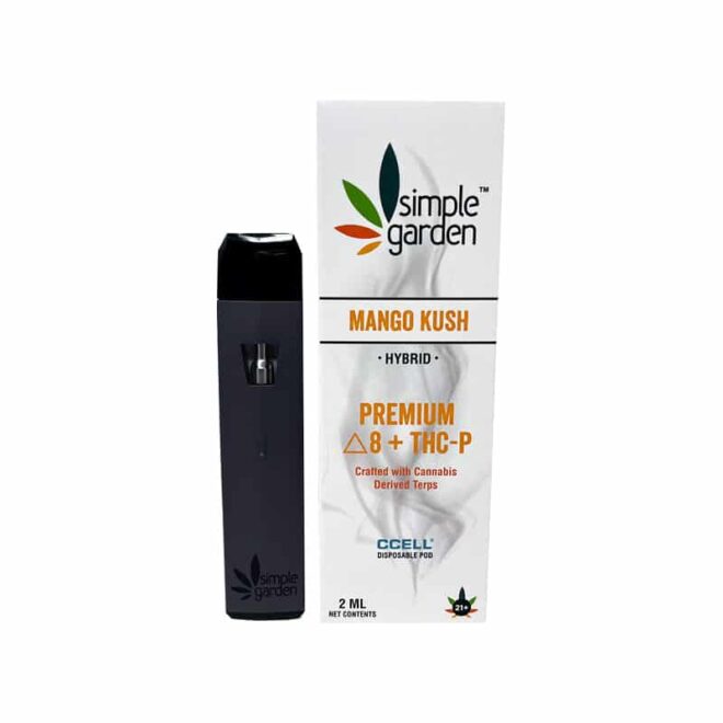 2ml Mango Kush Delta 8 + THC-P disposable vape sold online by Simple Garden.